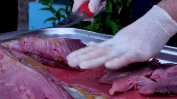 Rękawiczki Kucharzy Kroją Duży Kawałek Mięsa Rybnego Grilluję Mięso Jedzenie — Wideo stockowe