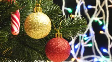 Noel ağacında parlak parlak toplar. Sarı ve kırmızı top, Noel ağacında kırmızı ve beyaz şeker. Arka planda Noel ışıkları var. Yeni Yıl Dekorasyonu.