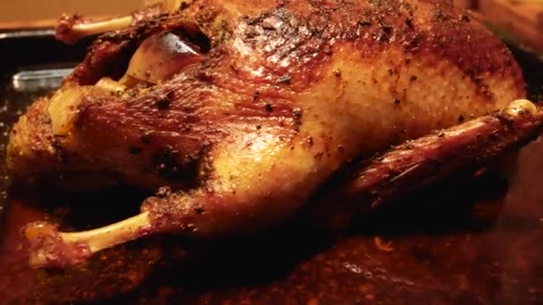 烤火板上放着一只有香味的大烤火鸡 度假用的菜 感恩节 感恩节的节日餐桌 — 图库视频影像