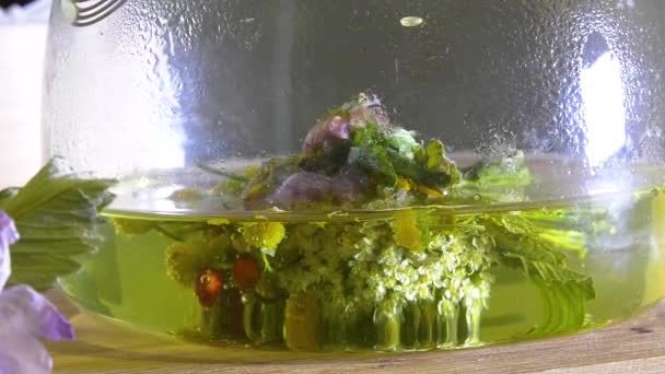 Wasser Wird Eine Transparente Teekanne Mit Einem Strauß Kräuter Gegossen — Stockvideo