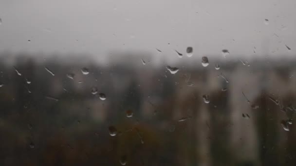 ウィンドウペインのレインドロップ 悪天候 うつ病 悲しみ 孤独の概念 — ストック動画