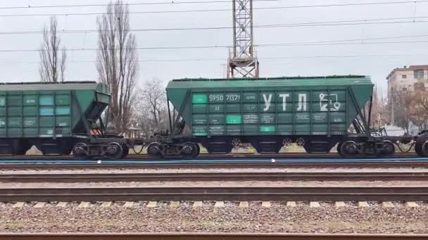 Goederenwagens Spoorlijnen Een Panorama Concept Van Het Vervoer Van Zware — Stockvideo
