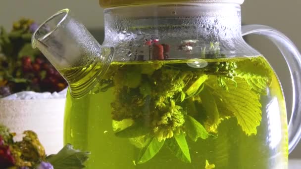 清澈的玻璃杯茶壶配上新鲜酿制的芳香茶 背景是干枯的草药和浆果 舒服的茶喝草茶 — 图库视频影像