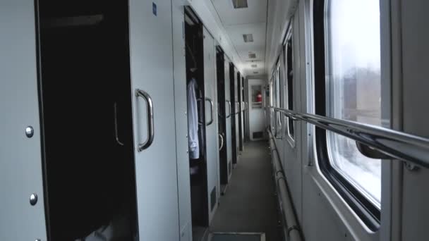 Corredor Comboio Movimento Portas Compartimento Estão Abertas Carruagem Através Janela — Vídeo de Stock