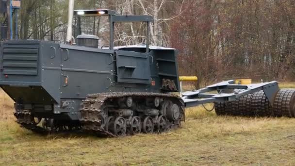Demining Vehicle Driving Field Heavy Shaft Presses Ground Concept Humanitarian — Stock Video