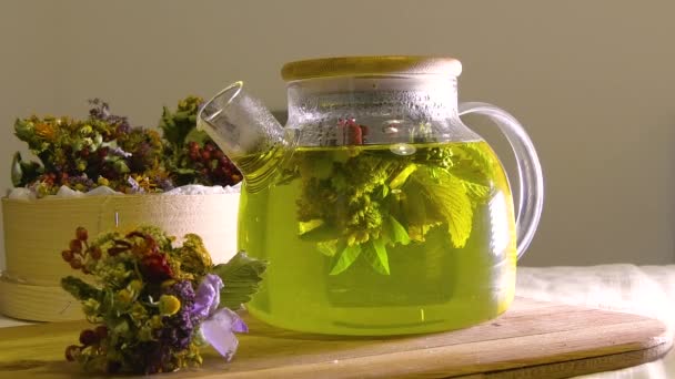 用新鲜酿制的森林香草制成的玻璃杯茶壶 草药茶的酿造概念 茶道仪式 — 图库视频影像