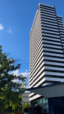 Uzun bir gökdelen, gökyüzüne karşı modern bir iş merkezi. Şehir mimarisi.