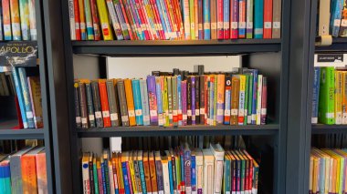 Okul kütüphanesindeki kitaplıklarda. Panorama.