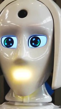Beyaz plastik bir robotun kafası konuşurken ışıkları yakar, başını çevirir, gözlerini çevirir. Yapay zeka kavramı. Robot danışmanı.