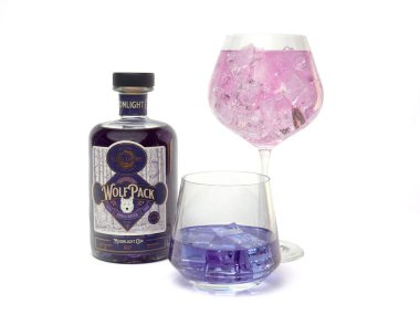 Bucharest, Romania - January 7, 2023: Romanian Wolfpack gin takes its blue color from Clitoria ternatea flowers