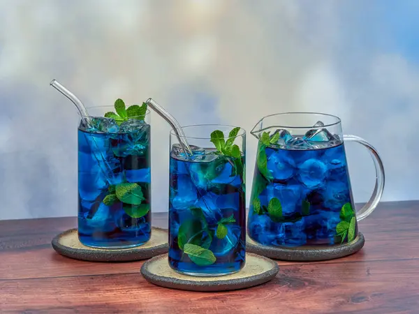 Iced blue tea made from Anchan flowers also known as butterfly pea (Clitoria ternatea)