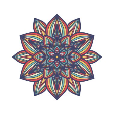 Vektör el karalama mandala. Renkli kabile süsüyle etnik mandala. Arapça, Hintçe, sedirli motifler. Kartlar, davetiyeler, tişörtler için. Vektör renk illüstrasyonu.