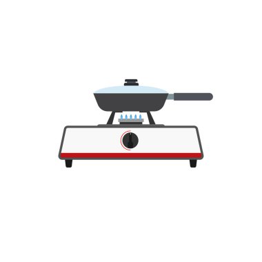 Gaz sobasında tava yassı tasarım vektör çizimi beyaz arka planda izole edildi. Basit düz çizgi filmdeki mutfak aletlerinin vektör çizimi.