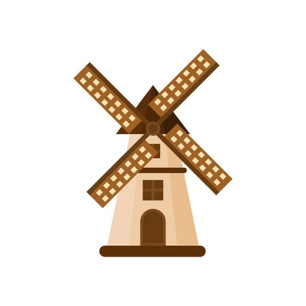 传统的杜奇风车平面设计矢量图解 将麦粒磨成面粉的传统土司农场建筑 因白人背景而与世隔绝的农村建筑 — 图库矢量图片