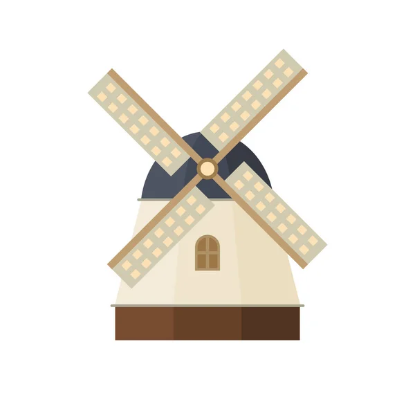 传统的杜奇风车平面设计矢量图解 将麦粒磨成面粉的传统土司农场建筑 因白人背景而与世隔绝的农村建筑 — 图库矢量图片