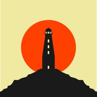 Bir uçurumun kenarındaki deniz feneri gündoğumu ya da günbatımı düz tasarım vektörü çizimi