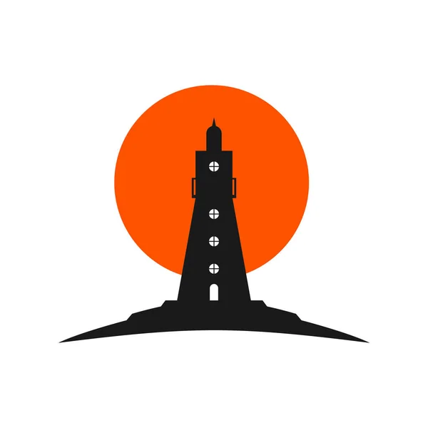 日の出と日没のフラットデザインのベクトル図の崖の端に灯台 — ストックベクタ