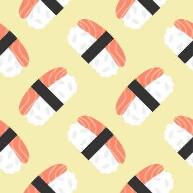 Somon suşisi kusursuz desenli vektör çizimi. Japon yemek kafe şablonu, Japon restoran vektör komedi tarzı..