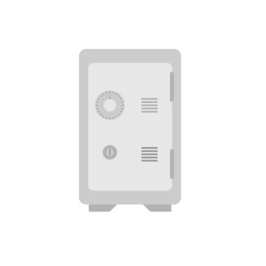 Güvenli kasa düz tasarım vektör çizimi. Kilitli banka kasası beyaz arka planda izole edilmiş. Para koruması için güçlü bir kutu. Nakit ve değerli şeyler depolama elemanı. Güvenlik çelik kasası