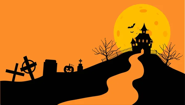 Иллюстрация Вектора Плоского Дизайна Замка Хэллоуин Хэллоуинский Баннер Силуэтом Страшного — стоковый вектор