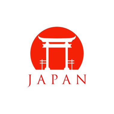 Tarihi Torii kapısı Japon logosu. Sunset Torii kapı simgesi logo vektör illüstrasyonu. Japon Tarihi Anıtı