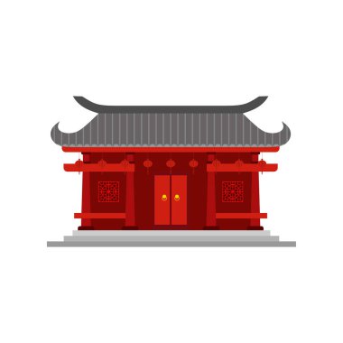 Geleneksel Çin evi düz tasarım vektör çizimi. Kültürel Doğu Mimarisi. Çin mahallesinin dış tasarımı. Çin Mahallesi şehir yapısı, etnik Asya köşkü ya da tapınak