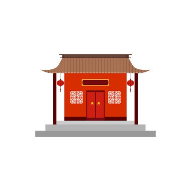 Geleneksel Çin evi düz tasarım vektör çizimi. Kültürel Doğu Mimarisi. Çin mahallesinin dış tasarımı. Çin Mahallesi şehir yapısı, etnik Asya köşkü ya da tapınak