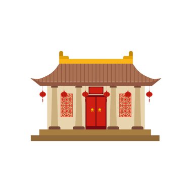 Geleneksel Çin evi düz tasarım vektör çizimi. Kültürel Doğu Mimarisi. Çin mahallesinin dış tasarımı. Çin Mahallesi şehir yapısı, etnik Asya köşkü ya da tapınak