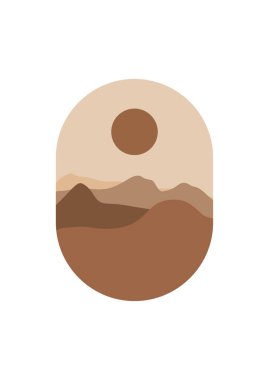 Soyut Dağ Estetik Alanı Manzaraları. Çöl soyut bohem. Modern arka plan düz tasarımı, çağdaş boho güneş ay dağları ve kaktüs minimalist duvar dekoru. Vektör resim baskısı