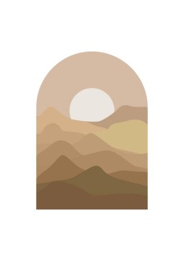 Soyut Dağ Estetik Alanı Manzaraları. Çöl soyut bohem. Modern arka plan düz tasarımı, çağdaş boho güneş ay dağları ve kaktüs minimalist duvar dekoru. Vektör resim baskısı