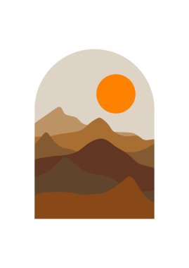 Soyut Dağ Estetik Alanı Manzaraları. Çöl soyut bohem. Modern arka plan düz tasarımı, çağdaş boho güneş ay dağları ve kaktüs minimalist duvar dekoru. Vektör resim baskısı