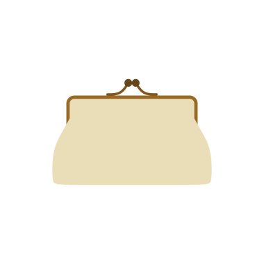 Klasik madeni para çantası düz tasarım vektör çizimi. Beyaz arkaplanda izole edilmiş altın çerçeve vektör illüstrasyonlu Retro cüzdan klasik deri çanta