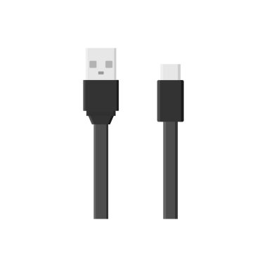 usb kablo düz tasarım vektör çizimi beyaz arkaplanda izole edildi. PC ve mobil cihazlar için bağlantı ve soketler. Bilgisayar çevresel bağlantı ya da akıllı telefon şarj arzı