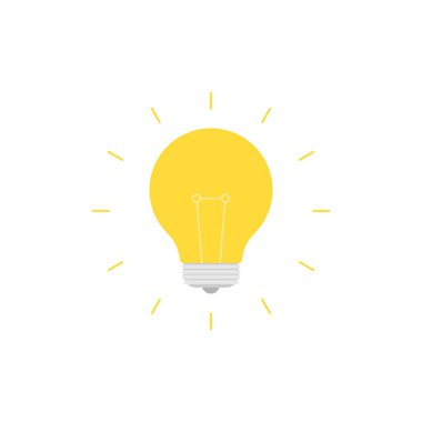 Ampul düz tasarım vektör çizimi beyaz arkaplanda izole edildi. Fikir işareti, çözüm, düşünme konsepti. Işıklı elektrik lambası.