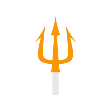 Üç çatallı düz tasarım vektör çizimi. Poseidon 'un altın mızrak silahı. Şeytan tırmık koleksiyonu izole edildi. İblis üç dişli mızrak.