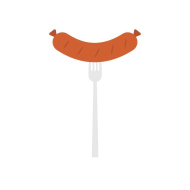 Barbekü sosis vektör çizimi logo simgesi sosisi barbekü çatalında. Izgara sosis ve çatal ikon. Beyaz arka planda izole edilmiş sıcak sosis tabelası. Vektör illüstrasyonu