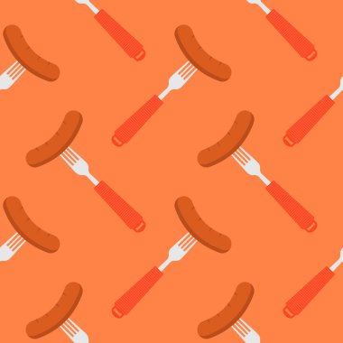 Renkli arka planda çatalsız bir desen üzerinde sosis. Mutfak, tekstil, duvar kâğıdı, giysi ve diğer şeyler için ızgara sosis ile kusursuz desen.