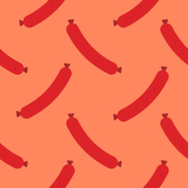 Sosis pürüzsüz desen. Arka plandaki et ürünü çiğ sosis çubuğu ve dilimler. Et lezzeti baskısı, vektör çizimi