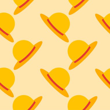 Hasır şapka, kusursuz desenli vektör çizimi. Tropikal bir ülkede tatil ve dinlenme. Mevsimlik yaz tatili ve dinlenme. Kusursuz iz, arkaplan ya da duvar kağıdı. Düz biçimli vektör