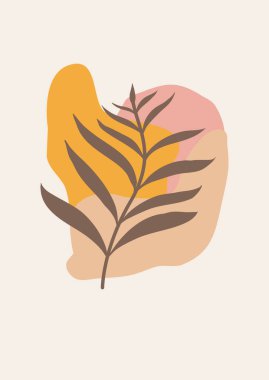 El çizimi, tropikal yapraklı, bej arka planda izole edilmiş soyut boho posteri. Vektör düz çizim. Modeller, logolar, posterler, davetiyeler, tebrik kartları. bohem vektör illüstrasyonu