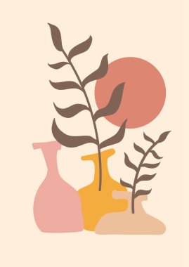 El çizimi, tropikal yapraklı, bej arka planda izole edilmiş soyut boho posteri. Vektör düz çizim. Modeller, logolar, posterler, davetiyeler, tebrik kartları. bohem vektör illüstrasyonu