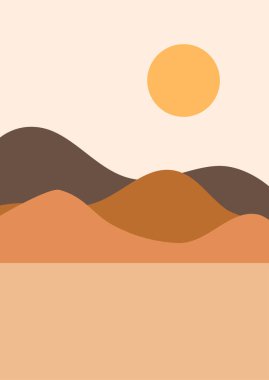 Soyut çağdaş estetik arka planlar. Gündoğumuyla, günbatımıyla, gecesiyle birlikte. Boho duvar dekoru. Orta yüzyıl modern minimalist sanat baskısı. Düz dizayn. Soyut dağ manzarası arkaplanı