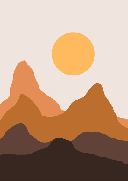 Abstract contemporary aesthetic backgrounds landscapes set with sunrise, sunset, night. Boho wall decor. Mid century modern minimalist art print. Flat design. Abstract mountain landscape background