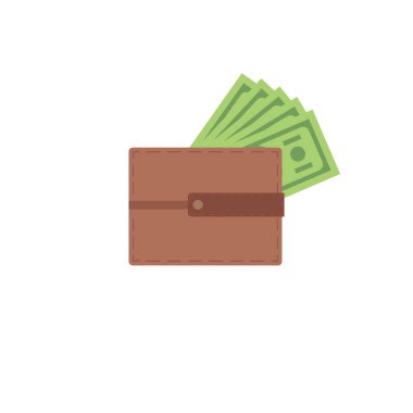 Cüzdan ve para düz tasarım vektör çizimi. Daire Tasarım Bankacılık ve Finans Cüzdanı. Yeşil kağıt paralı kahverengi cüzdan. Para dolu bir cüzdan.