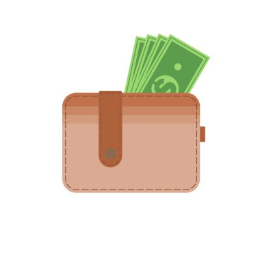 Cüzdan ve para düz tasarım vektör çizimi. Daire Tasarım Bankacılık ve Finans Cüzdanı. Yeşil kağıt paralı kahverengi cüzdan. Para dolu bir cüzdan.