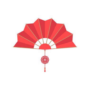 Beyaz arka planda dilek düğümlü kırmızı Çinli el vantilatörü. Geleneksel Çin kağıt katlama yelpazesinin vektör illüstrasyonu. Çin Yeni Yıl Elementi