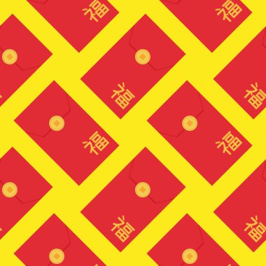 Angpao ya da Hongbao Yeni Yıl Çin 'i. Şanslı para zarfı kusursuz desen. Geleneksel Çin hediyesi madeni paralar, yeni yıl için para, doğum günü, düğün ve diğer tatiller. Düz Tekrarlama illüstrasyonu.