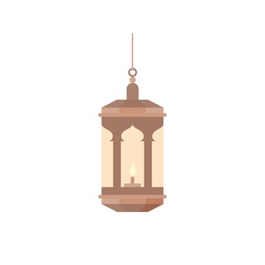 Geleneksel doğu feneri düz tasarım vektör çizimi. Arap Müslüman renkli asma lambaları, hilal ve yıldızlar.
