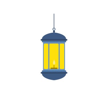 Geleneksel doğu feneri düz tasarım vektör çizimi. Arap Müslüman renkli asma lambaları, hilal ve yıldızlar.