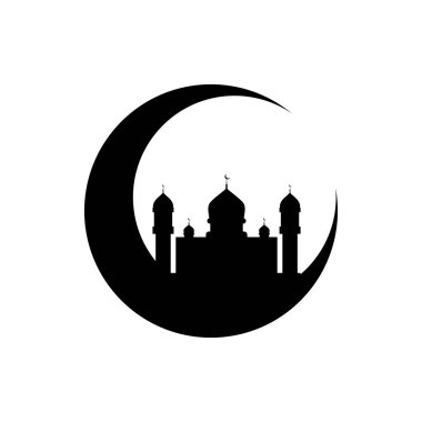 Cami hilal ay silueti. Ramazan Mübarek tebrik kartı. Cami silüetli hilal. Müslüman topluluğu festivali ya da bayramı için pankart ya da poster tasarımı unsuru olarak kullanın. İslami sembol